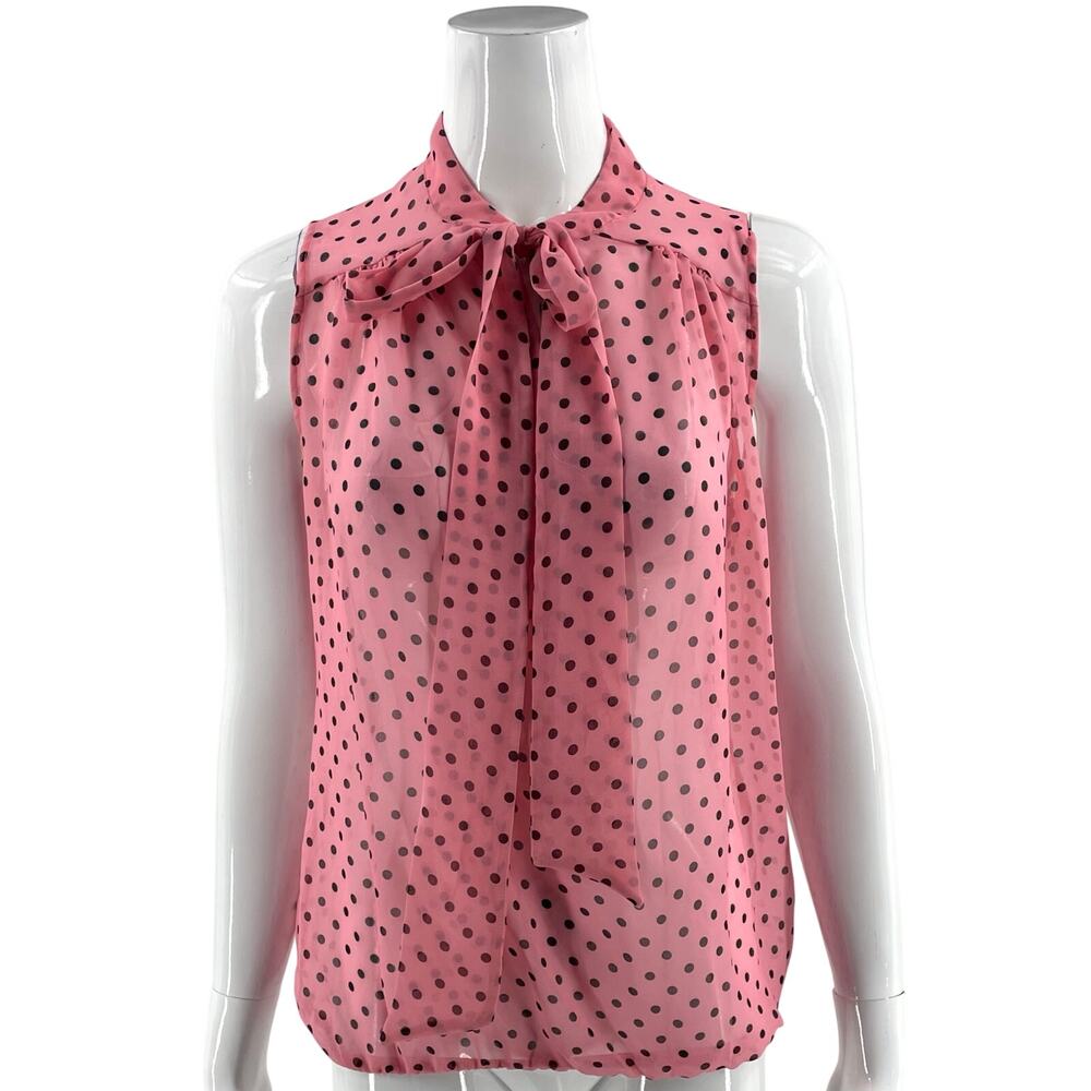 New York & Co Sleeveless Top Size Small Pink Black Polka Dot Sheer Pussybow